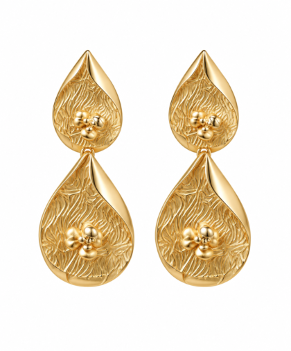 18k Gold Textured Gold Leaf Earrings - High Weight